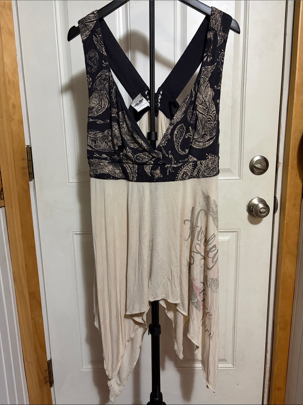 Harley Davidson Boho Two Tone Asymmetrical Tank Top with Lace Up Back